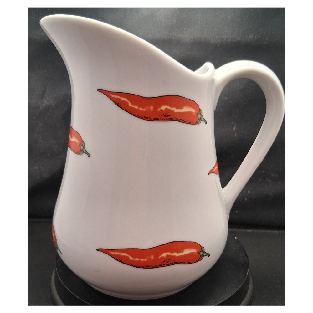 BIA Cordon Bleu Red Chili Pepper Ceramic Pitcher White Farmhouse Creamer 6.5in